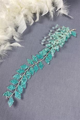 Su Yeşili Kristal Boncuklu İliz Gelin Saç Ve Türban Aksesuarı
