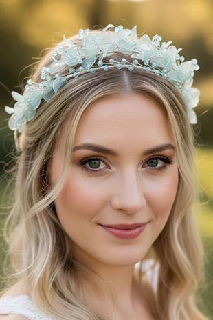 Aqua Green Crystal Embellished Floral Bridal Tiara Henna and Engagement Hair Accessory