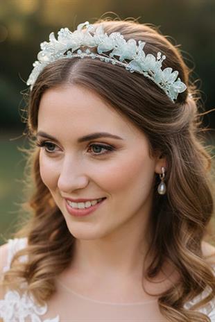 Aqua Green Crystal Embellished Floral Bridal Tiara Henna and Engagement Hair Accessory