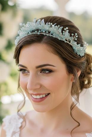 Aqua Green Crystal Embellished Floral Bridal Tiara Henna and Engagement Hair Accessory