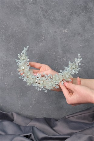 Su Yeşili Nida Çiçek Mineli Gelin Tacı Saç ve Türban Aksesuarı