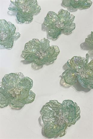 Su Yeşili Sedef Yapraklı Kristal Boncuklu İncili Broş