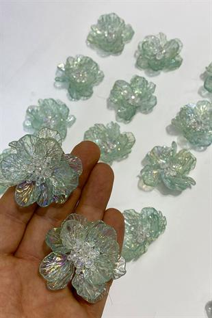 Su Yeşili Sedef Yapraklı Kristal Boncuklu İncili Broş