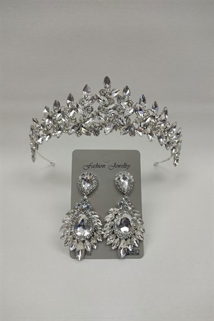 Subra Model Gelin Tacı Ve Damla Mekik Taşlı Küpe