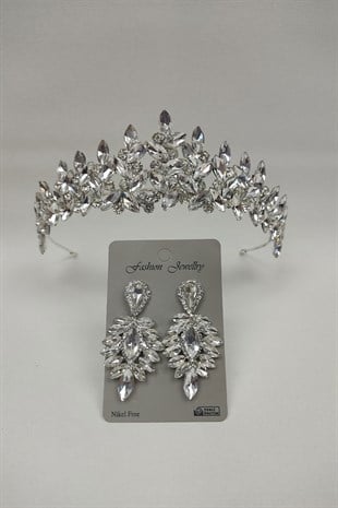 Subra Model Gelin Tacı Ve Damla Taşlı Küpe