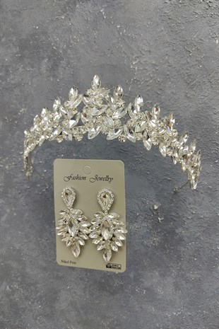 Subra Model Gelin Tacı Ve Damla Taşlı Küpe