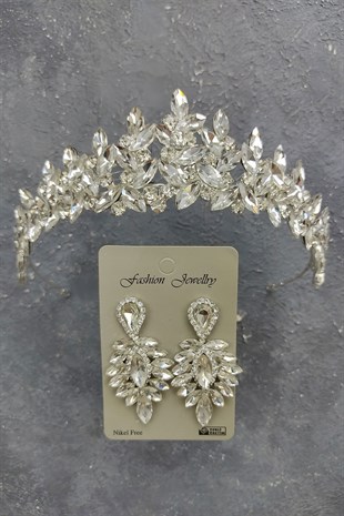 Subra Model Gelin Tacı Ve Damla Taşlı Küpe