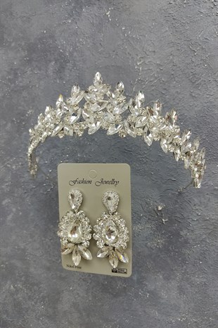 Subra Model Gelin Tacı Ve Mekik Damla Taşlı Küpe