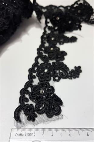 Taşlı Boncuk İşlemeli Kenar Fransız Danteli Güpür