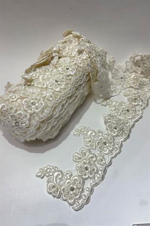 Taşlı Boncuk İşlemeli Kenar Fransız Danteli Güpür