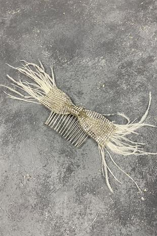 Taşlı Fiyonk Ve Tüylü Taraklı Dış Çekim Gelin Saç Tokası