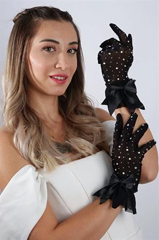 Short Dress Gloves with Rhinestone Tulle Bow, Party Accessory