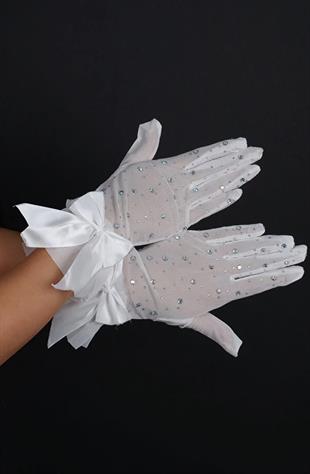 Short Bridal Gloves with Rhinestone and Tulle Bow, Wedding Accessory
