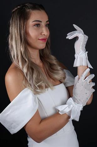 Short Bridal Gloves with Rhinestone and Tulle Bow, Wedding Accessory