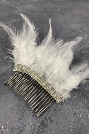 Taşlı Ve Tüylü Taraklı Dış Çekim Gelin Saç Tokası