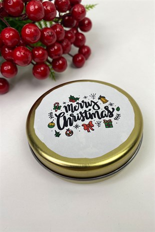 Teneke Kutu Gold Yuvarlak Beyaz Merry Christmas Baskılı