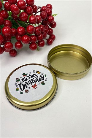 Teneke Kutu Gold Yuvarlak Beyaz Merry Christmas Baskılı