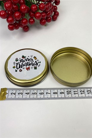 Teneke Kutu Gold Yuvarlak Beyaz Merry Christmas Baskılı