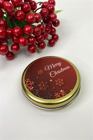 Teneke Kutu Gold Yuvarlak Kırmızı Merry Christmas Baskılı