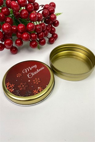 Teneke Kutu Gold Yuvarlak Kırmızı Merry Christmas Baskılı
