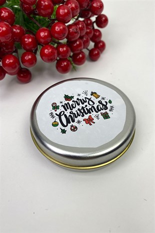 Teneke Kutu Gümüş Yuvarlak Beyaz Merry Christmas Baskılı