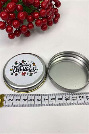 Teneke Kutu Gümüş Yuvarlak Beyaz Merry Christmas Baskılı