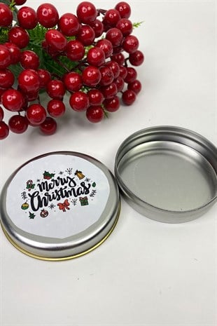 Teneke Kutu Gümüş Yuvarlak Beyaz Merry Christmas Baskılı