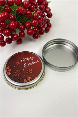 Teneke Kutu Gümüş Yuvarlak Kırmızı Merry Christmas Baskılı