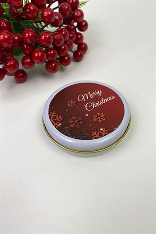 Teneke Kutu Yuvarlak Kırmızı Merry Christmas Baskılı 