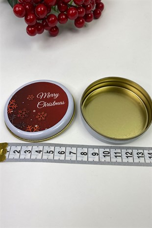 Teneke Kutu Yuvarlak Kırmızı Merry Christmas Baskılı 