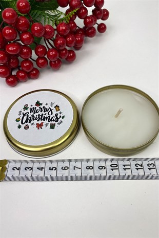 Teneke Mum Gold Yuvarlak Beyaz Merry Christmas Baskılı