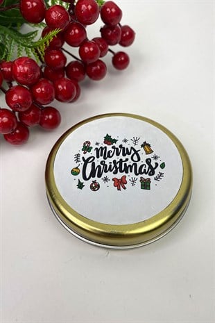 Teneke Mum Gold Yuvarlak Beyaz Merry Christmas Baskılı