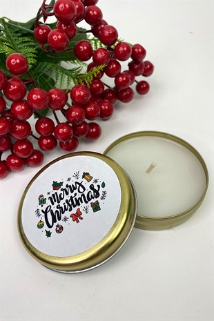 Teneke Mum Gold Yuvarlak Beyaz Merry Christmas Baskılı