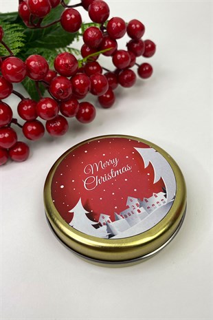 Teneke Mum Gold Yuvarlak Kırmızı Merry Christmas Baskılı