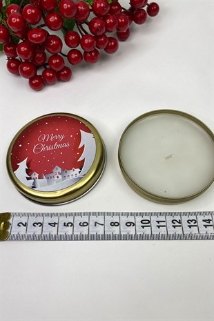 Teneke Mum Gold Yuvarlak Kırmızı Merry Christmas Baskılı