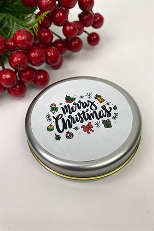 Teneke Mum Gümüş Yuvarlak Beyaz Merry Christmas Baskılı
