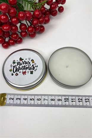 Teneke Mum Gümüş Yuvarlak Beyaz Merry Christmas Baskılı