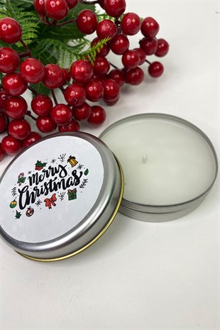 Teneke Mum Gümüş Yuvarlak Beyaz Merry Christmas Baskılı