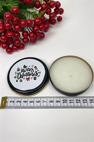 Teneke Mum Siyah Yuvarlak Beyaz Merry Christmas Baskılı