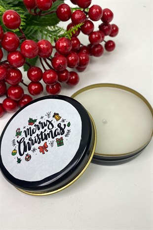 Teneke Mum Siyah Yuvarlak Beyaz Merry Christmas Baskılı