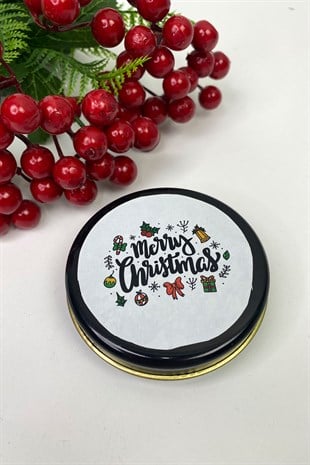 Teneke Mum Siyah Yuvarlak Beyaz Merry Christmas Baskılı