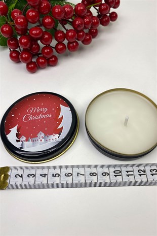 Teneke Mum Siyah Yuvarlak Kırmızı Merry Christmas Baskılı