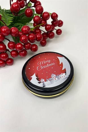 Teneke Mum Siyah Yuvarlak Kırmızı Merry Christmas Baskılı