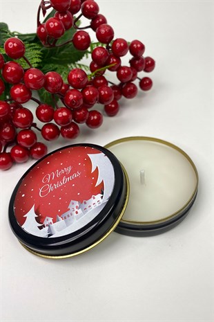 Teneke Mum Siyah Yuvarlak Kırmızı Merry Christmas Baskılı