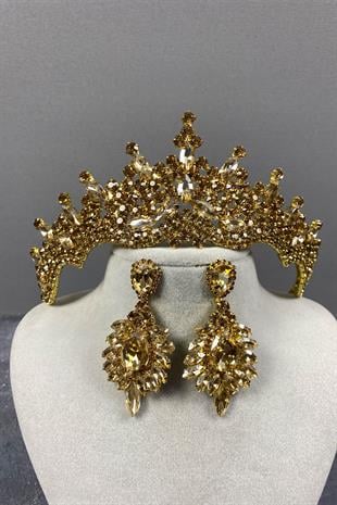 Tokyo Taşlı Gelin Kına Tacı Ve Mekik Küpe Seti