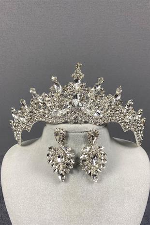 Tokyo Taşlı Gelin Tacı Ve Mekik Küpe Seti