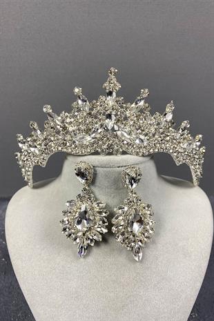 Tokyo Taşlı Gelin Tacı Ve Mekik Küpe Seti