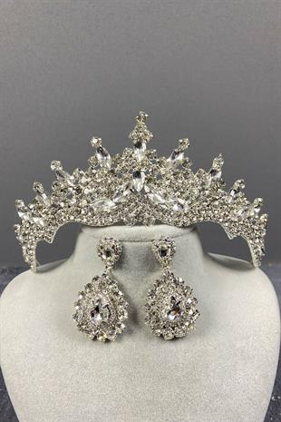 Tokyo Taşlı Gelin Tacı Ve Mekik Küpe Seti