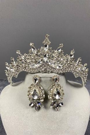 Tokyo Taşlı Gelin Tacı Ve Mekik Küpe Seti