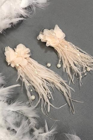 Toptan Açık Pudra İncili Çiçekli Tüylü Küpe